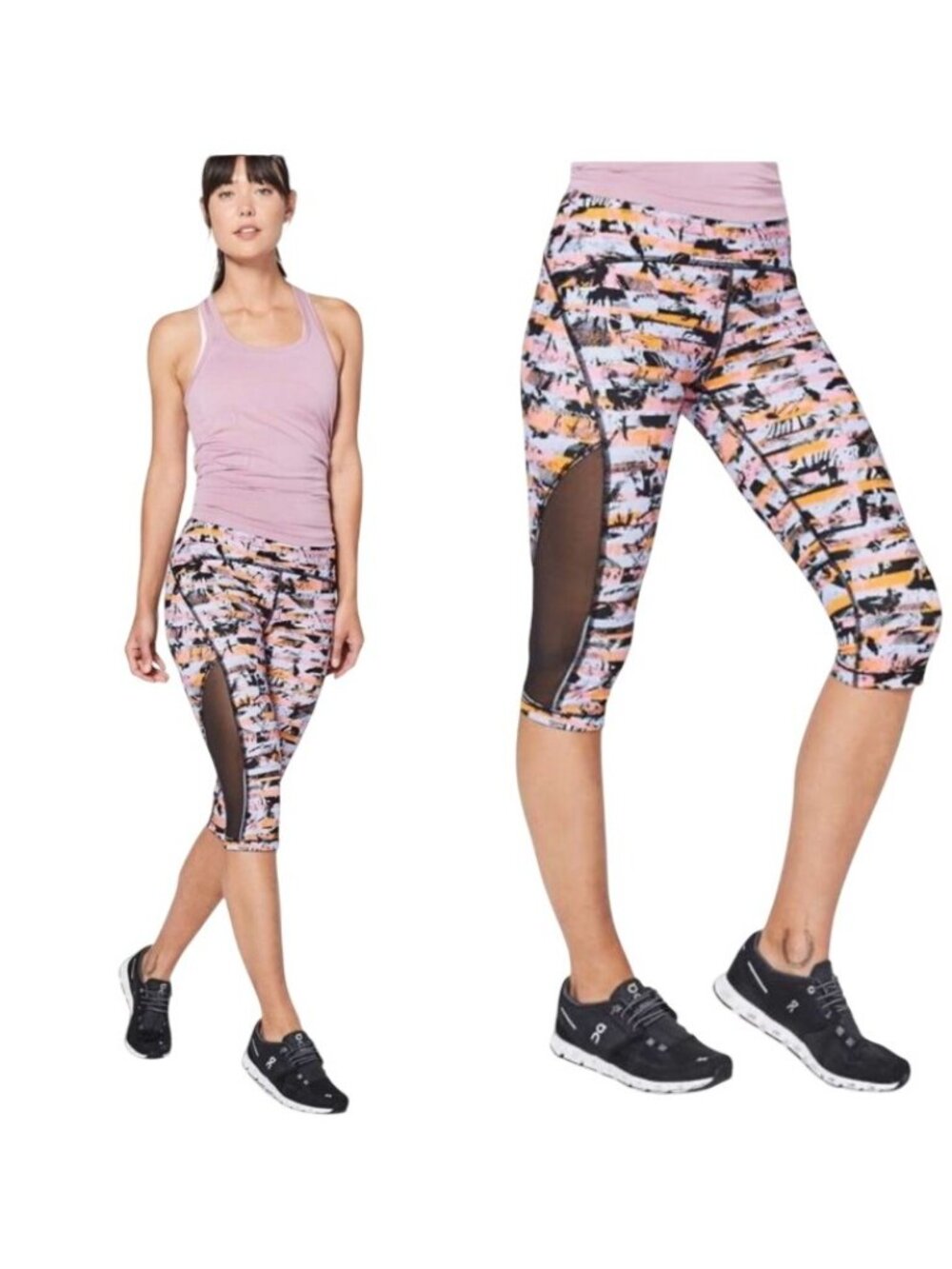 Lululemon Leggings Capri Women 6 Sun Runner 17" Inversion Black Stripe Mesh Crop